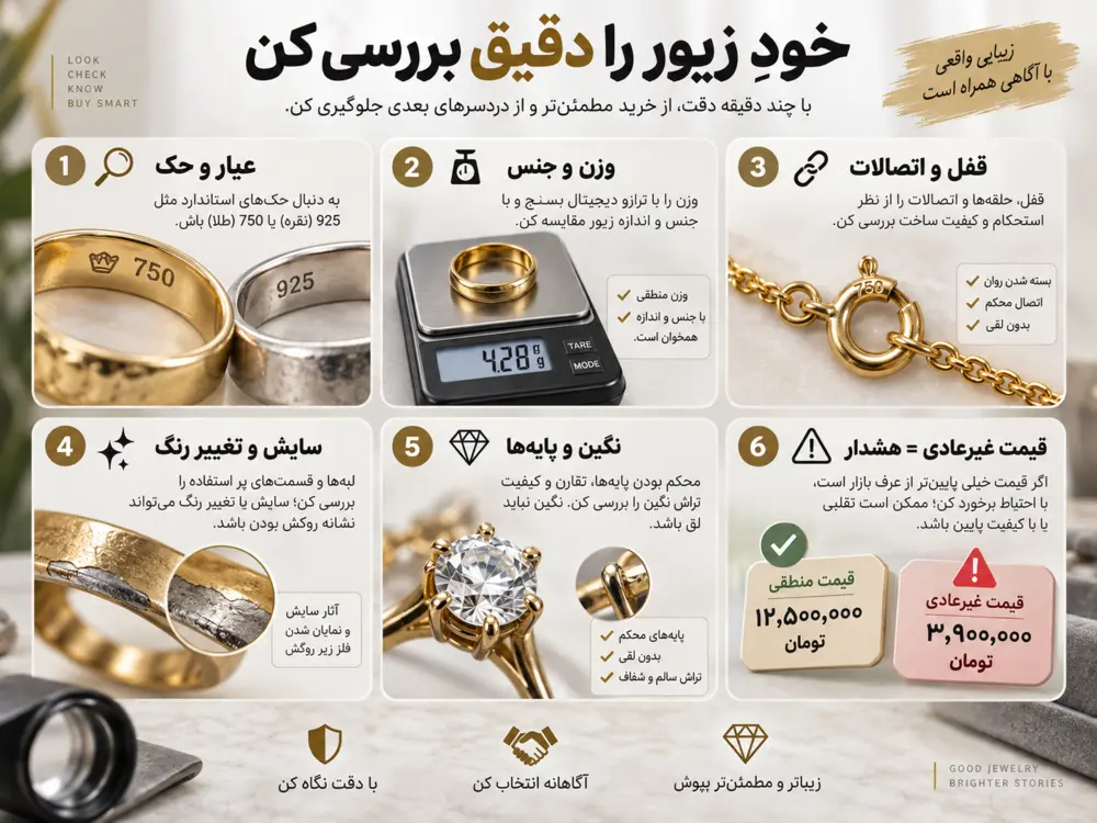 راهنمای بررسی عیار، وزن، قفل، تغییر رنگ و نگین در زیورآلات دست دوم