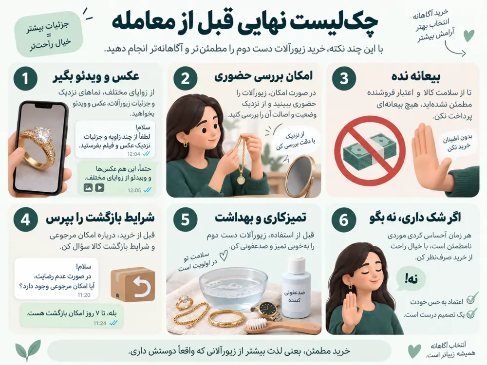 چک‌لیست معامله امن زیورآلات دست دوم شامل بررسی حضوری، بیعانه، امکان بازگشت و نه گفتن به معامله